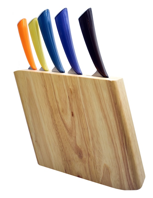 Set de 5 cuchillos con mango de colores y 1 block de madera Siglo