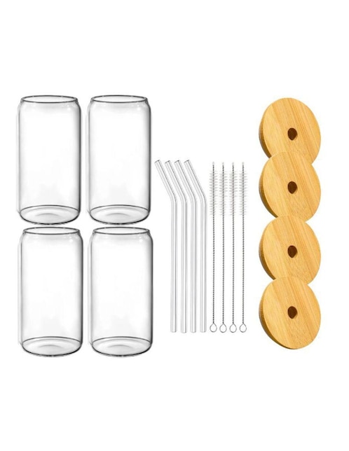 Set de vasos con tapa y popote Bari Coffee de vidrio con 16 piezas