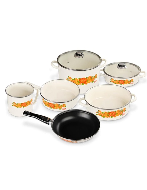 Batería de cocina Cinsa Lesly Crema de acero vitrificado antiadherente cerámica 8 piezas