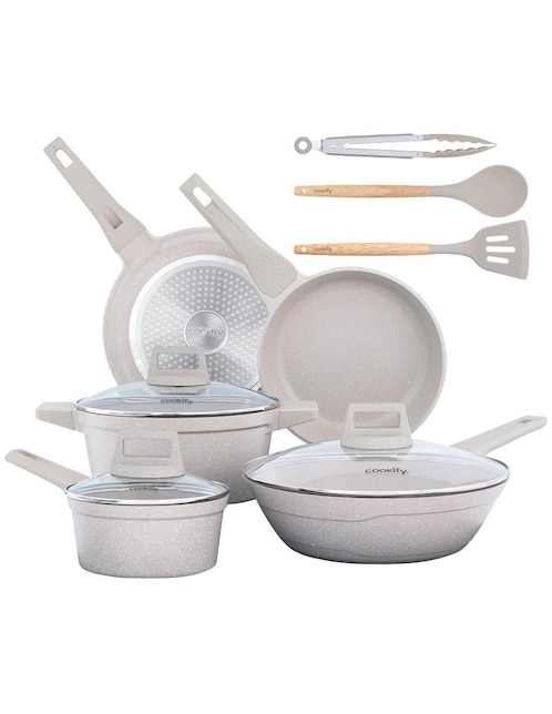 "batería de cocina" cookify cacerolas, sartenes y utensilios "de" mármol "antiadherente" minerales naturales 11 piezas "piezas"