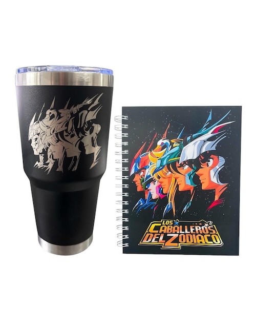 Set termo Luxo Mx de acero inoxidable Los Caballeros del Zodiaco con tapa push pull 887 ml