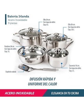 Batería de cocina Cinsa Irlanda de acero inoxidable 9 piezas
