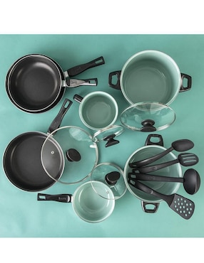Batería de cocina Cinsa Granito Jade de acero vitrificado antiadherente convencional 15 piezas