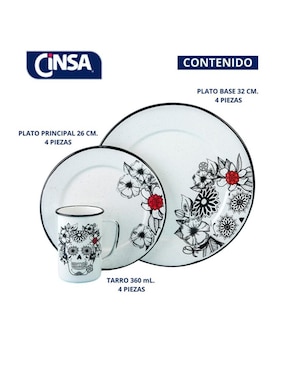 Vajilla cerrada Cinsa calaveras de acero vitrificado para 4 personas