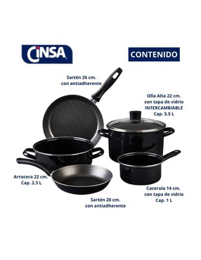 Batería de cocina Cinsa Santiago de acero vitrificado antiadherente titanio 6 piezas