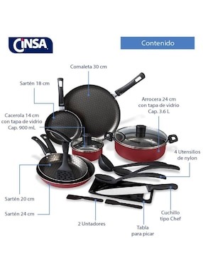 Batería de cocina Cinsa Equipa tu cocina de aluminio antiadherente thermocell 16 piezas