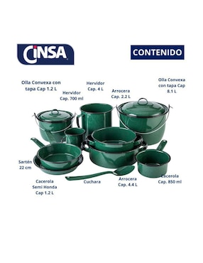 Batería de cocina Cinsa Chiapaneca de acero vitrificado antiadherente convencional 12 piezas