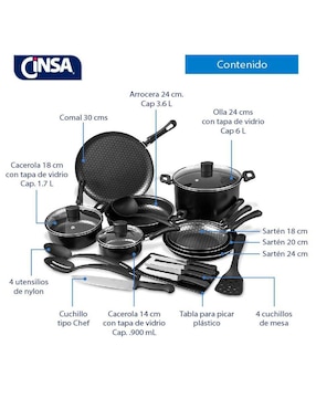 Batería de cocina Cinsa Línea Ahorrador de aluminio antiadherente thermocell 21 piezas