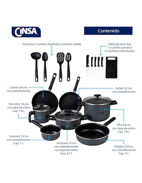 Batería de cocina Cinsa Duramax de acero vitrificado antiadherente convencional 20 piezas