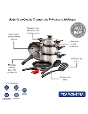 Batería de cocina Tramontina Primaware de acero inoxidable antiadherente convencional 10 piezas