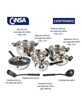 Batería de cocina Cinsa Viena de acero inoxidable antiadherente convencional 14 piezas