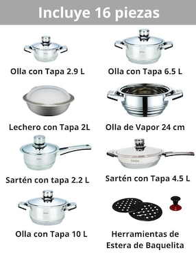 Batería de cocina Swiss Silver de acero inoxidable 16 piezas