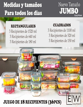 Set contenedores Easyware Jumbo de vidrio 18 piezas