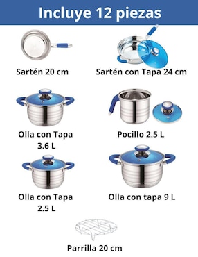 Batería de cocina Swiss Silver de acero inoxidable 12 piezas
