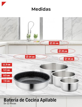 Batería de cocina Bogner de acero inoxidable antiadherente titanio 12 piezas