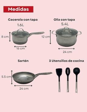 Batería de cocina Royal Haus Diamond de acero inoxidable antiadherente convencional 8 piezas