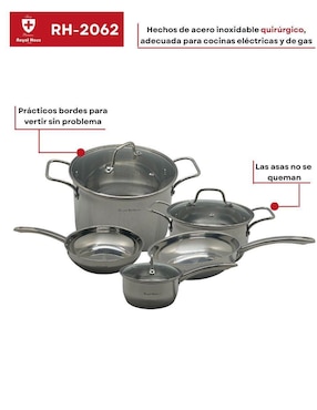 Batería de cocina Royal Haus Diamond de acero inoxidable antiadherente convencional 8 piezas