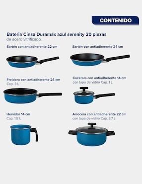Batería de cocina Cinsa Duramax de acero vitrificado antiadherente sin PFOA 20 piezas