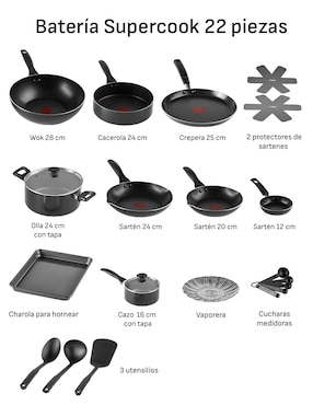 Batería de cocina T-fal Supercook de aluminio antiadherente titanio 22 piezas