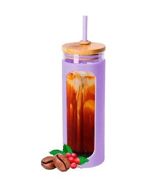 Vaso con tapa y popote Güish de cristal