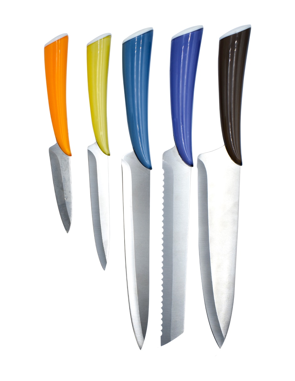 Set de 5 cuchillos con mango de colores y 1 block de madera 5