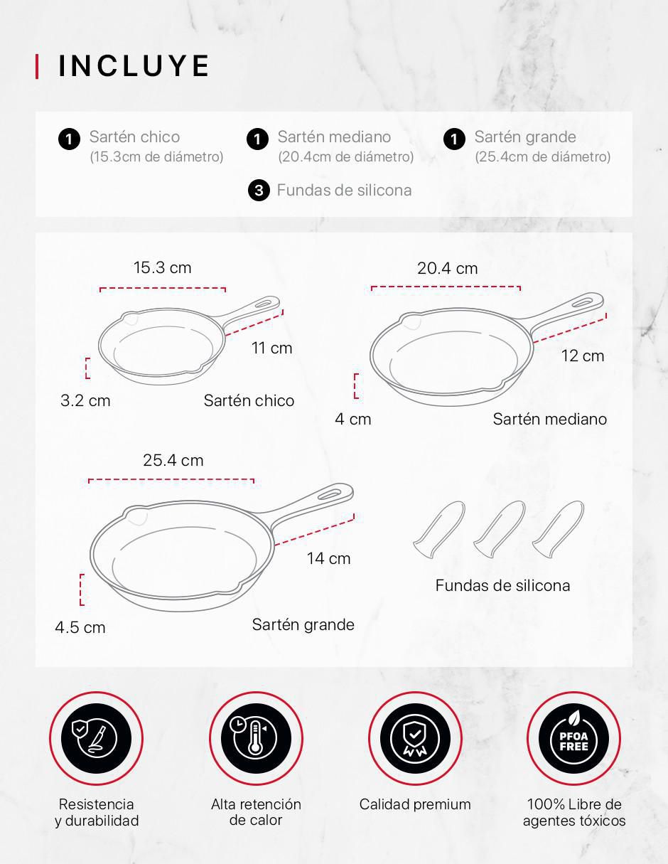 Set de sartenes de hierro fundido 3 piezas 8