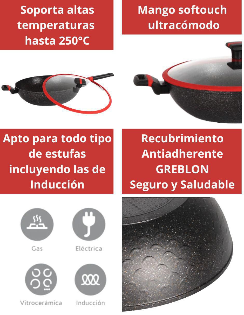 Sartén Wok con tapa Greblon de aluminio 5