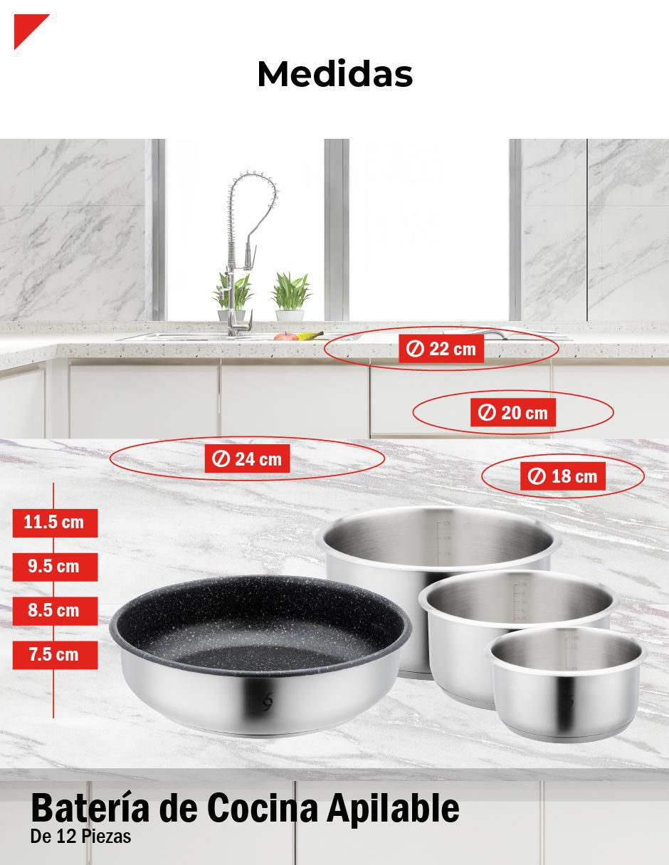 Batería de cocina de acero inoxidable antiadherente titanio 12 piezas 9
