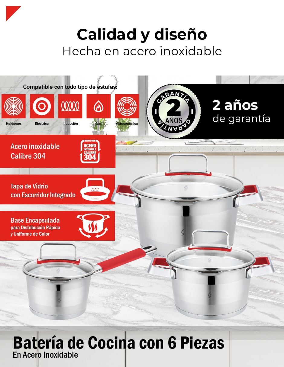 Batería de cocina de acero inoxidable 6 piezas 12
