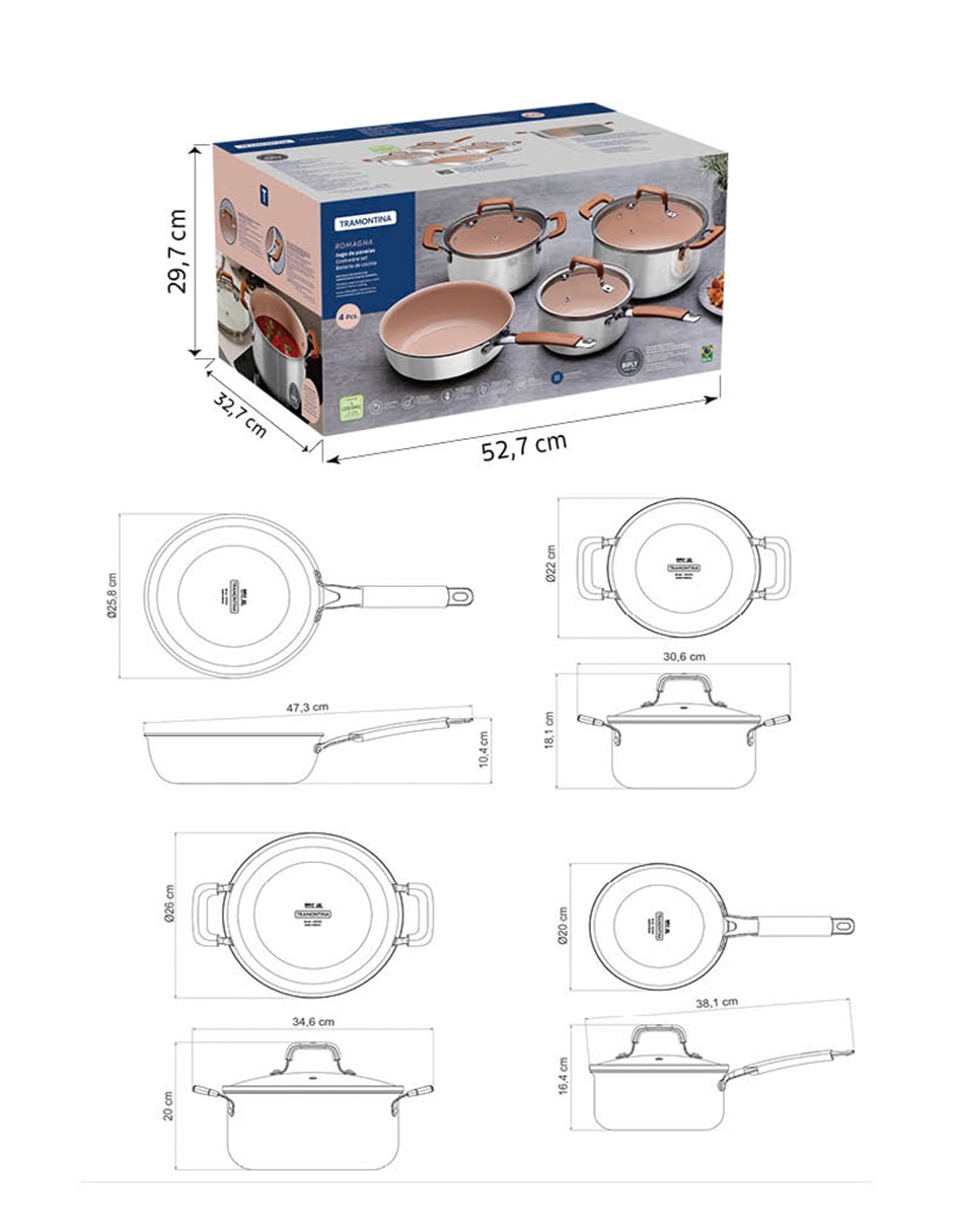 Batería de cocina Romagna de acero inoxidable antiadherente cerámica 7 piezas 10