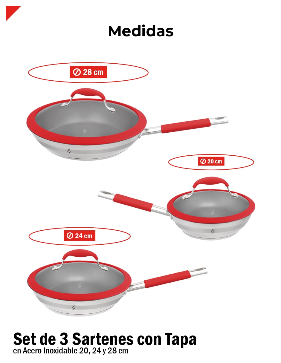 Set de sartenes con tapa de acero inoxidable 6 piezas 9