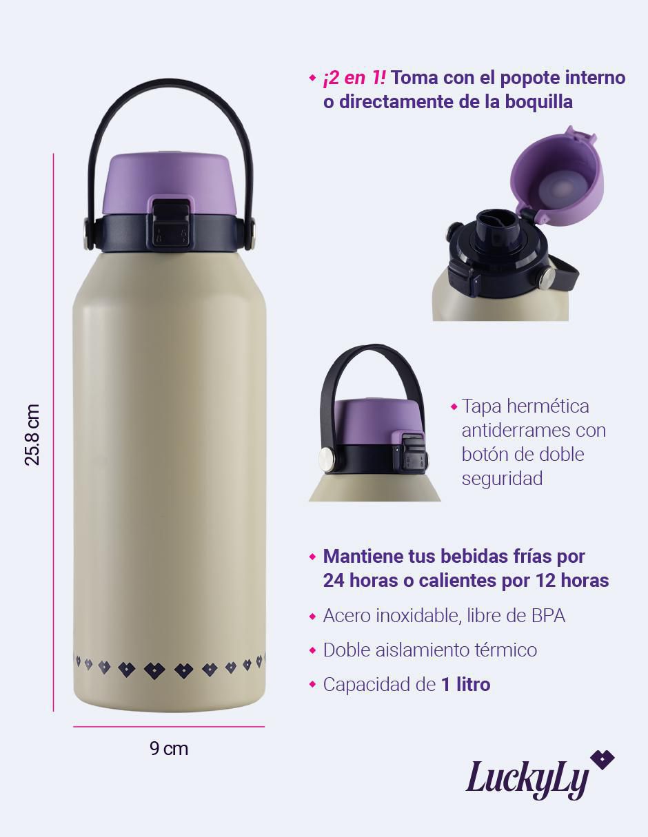 Termo luckyly de acero inoxidable liza con tapa flip top
