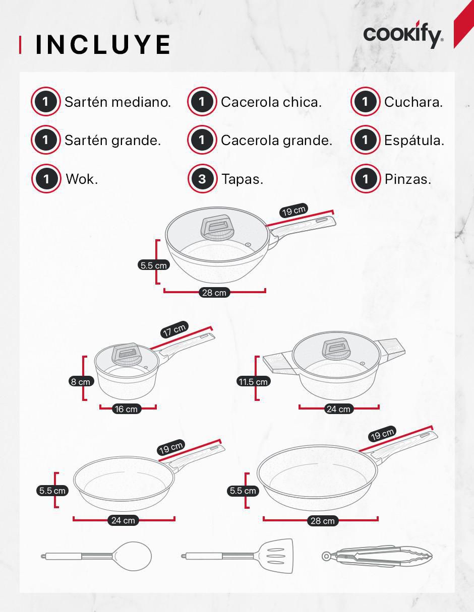 "batería de cocina" cookify cacerolas, sartenes y utensilios "de" mármol "antiadherente" minerales naturales 11 piezas "piezas"