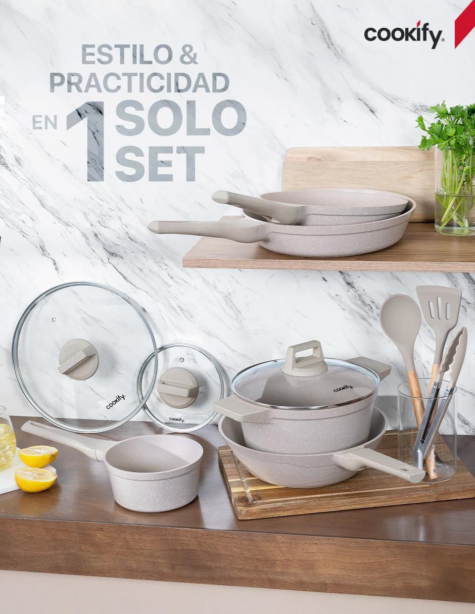 "batería de cocina" cookify cacerolas, sartenes y utensilios "de" mármol "antiadherente" minerales naturales 11 piezas "piezas"