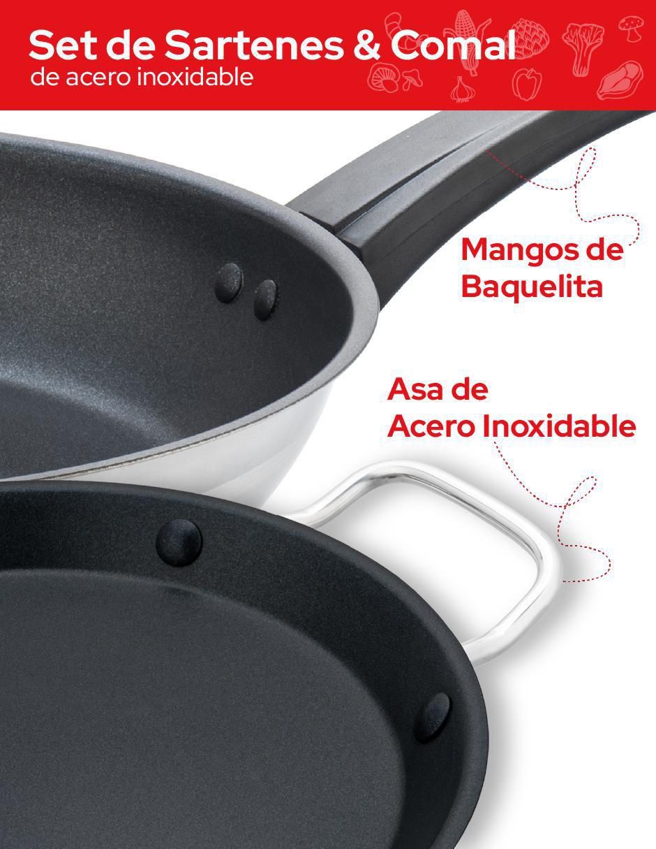 Set de sartenes de acero inoxidable 3 piezas 6