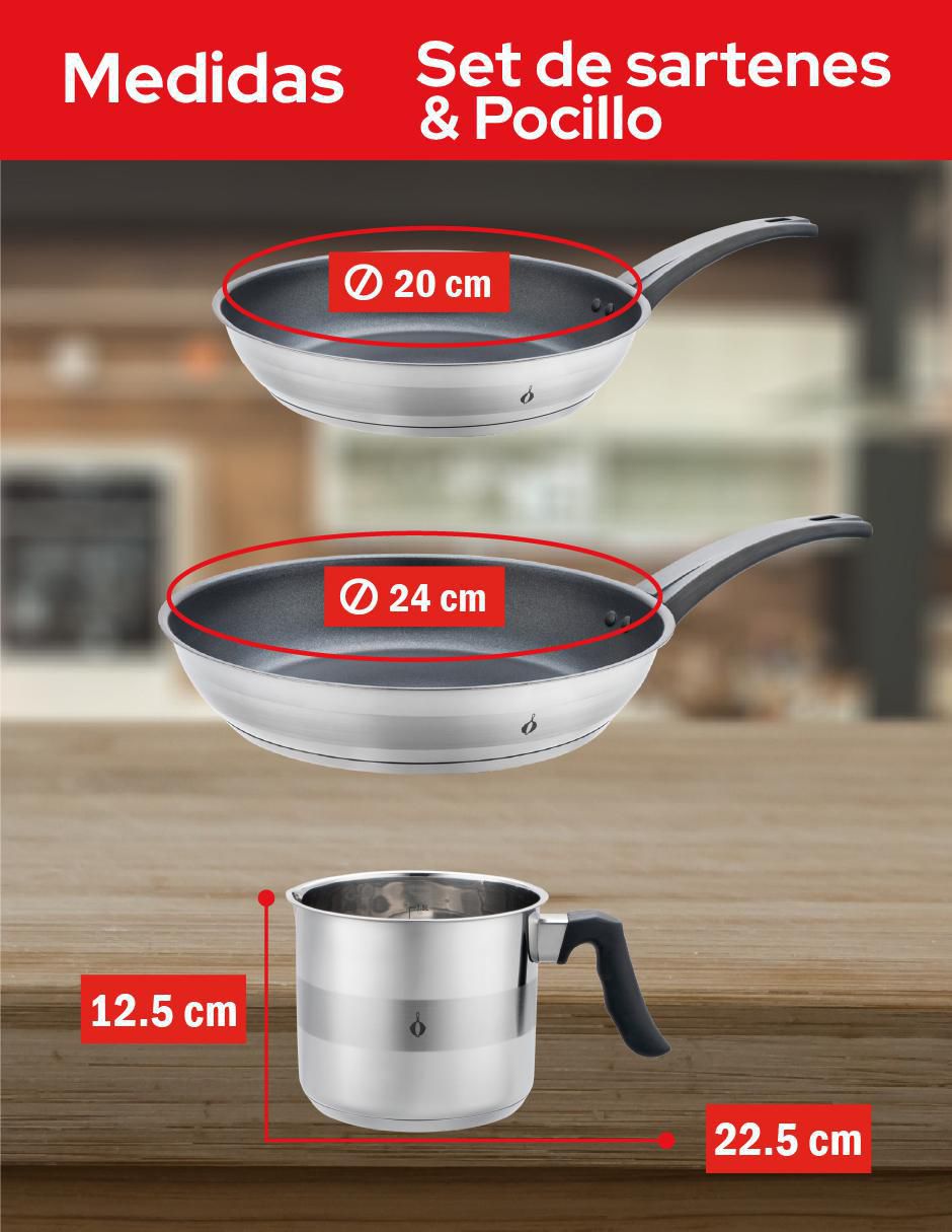 Set de sartenes de acero inoxidable 3 piezas 8